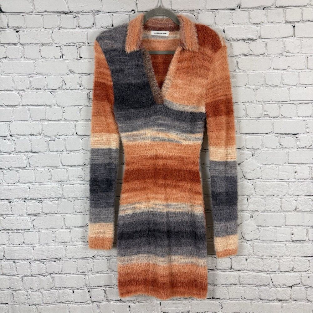 Maniere De Voir Fuzzy Mini Sweater Dress Orange Gray Stripe Collared Women M